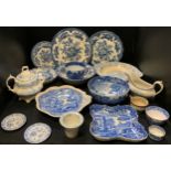 A Copeland Spode Italian pattern fruit bowl, dishes, etc; 19th century blue and white pedestal bowl;