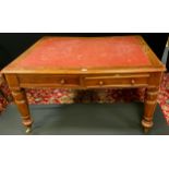 A late 19th century mahogany library table, the frieze with a pair of drawers, the verso conforming,