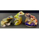 A Royal Crown Derby paperweight, Tree Frog, gold stopper, printed mark; another, Fountain Frog;