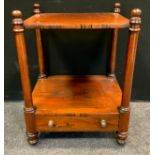 A Victorian rosewood two-tier whatnot, rectangular top above a short drawer, tapered cylindrical