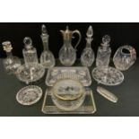 A pair of Royal Doulton crystal stoppered decanters; others Atlantis, etc; claret jug with silver