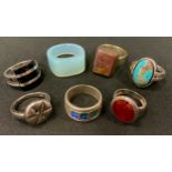 Rings - a black onyx and silver dress ring; others agate, turquoise, enamelled etc, part stamped