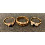 Rings - A 9ct gold friendship ring; 9ct gold diamond and sapphire dress ring etc 7.1g gross (3)