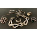 A modern design silver coloured metal bracelet; brooch; dress rings etc, part stamped 925