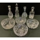 Glass - a cut crystal glass mallet stoppered decanter; others; cut glass fruit bowls (8)