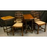 A set of four oak and elm ladder back dining chairs, drop-in seats, turned legs, H-stretchers; a