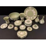 Wedgwood - a large green Jasperware salad bowl, 20cm diameter, powder bowl and cover, ring tree,