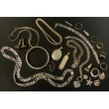An elongated silver curb link necklace; hinge bangle; white metal bracelets, necklaces etc, 175g