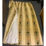 A large pair of striped multi-colour lined and weighted curtains, mustard yellow ground, 210cm drop,