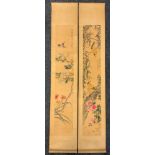 A pair of Japanese wall scrolls, birds amongst blossoms, signed with characters (2)