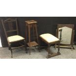 A 20th century mahogany side chair; a late 20th century mahogany plant stand; an oak stool; a oak