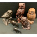 A carved wooden figure, Standing Owl; others molded Cat, Owl etc