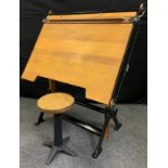 A Hall Harding Ltd, Westminster cast iron pine topped draughtsman table, Height and Tilt