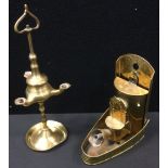 Brass & Copper - a Dutch cone lamp, brass body, paraffin reservoir, hand embellished scrolling