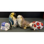A Royal Crown Derby paperweight, Penguin and Chick, gold stopper, printed mark; others, Pig, Walrus,