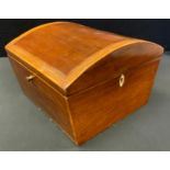 A 19th century mahogany and satinwood strung domed top box, 23cm wide, c.1800