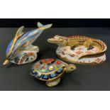 A Royal Crown Derby paperweight, Crocodile, gold stopper, printed mark; others, Terrapin; Striped
