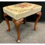 A George III foot stool, cabriole legs, tapestry top, 42cm tall.