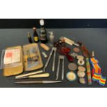 Boxes & Objects - a miniature hohner harmonica; dipping pens, draughtsman set, bottles, Military
