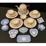 Wedgwood blue Jasper ware trinket pots and dishes; a Japanese eggshell tea service, lithograph