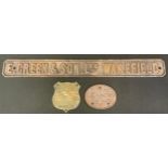 A cast iron rectangular plaque, E Green & Son. Ltd, Wakefield, 68cm; M Rv Co Builders Derby 1912;
