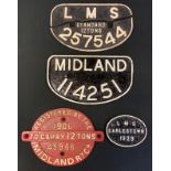 A cast iron plate, Midland 114251, 28cm wide; LMS Earlestown 1929 plaque. 12.5cn wide; Midland Ry Co