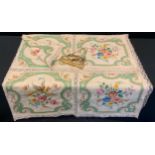 An early 20th century lace and croquet embroidered table cloth, with panels of flowers, 155cm