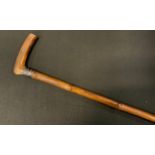 A Victorian horn hafted walking cane, bamboo shaft, silver mount, 91cm long, Birmingham 1897