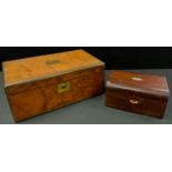 A Victorian mahogany brass bound writing box, fitted interior, with key; a work box (2)