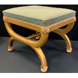 A French giltwood stool, X frame, stuffed over seat,