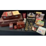 Boxes & Objects - a mid 20th century suitcase; another; brushes; Royal interest books,