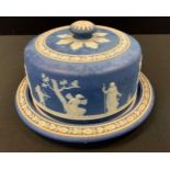 A large Wedgwood blue jasper ware cheese dome on stand, 23cm diameter, impressed marks