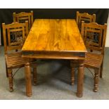 A 20th century rectangular exotic hardwood dining table, metal studded top, , iron strap bound