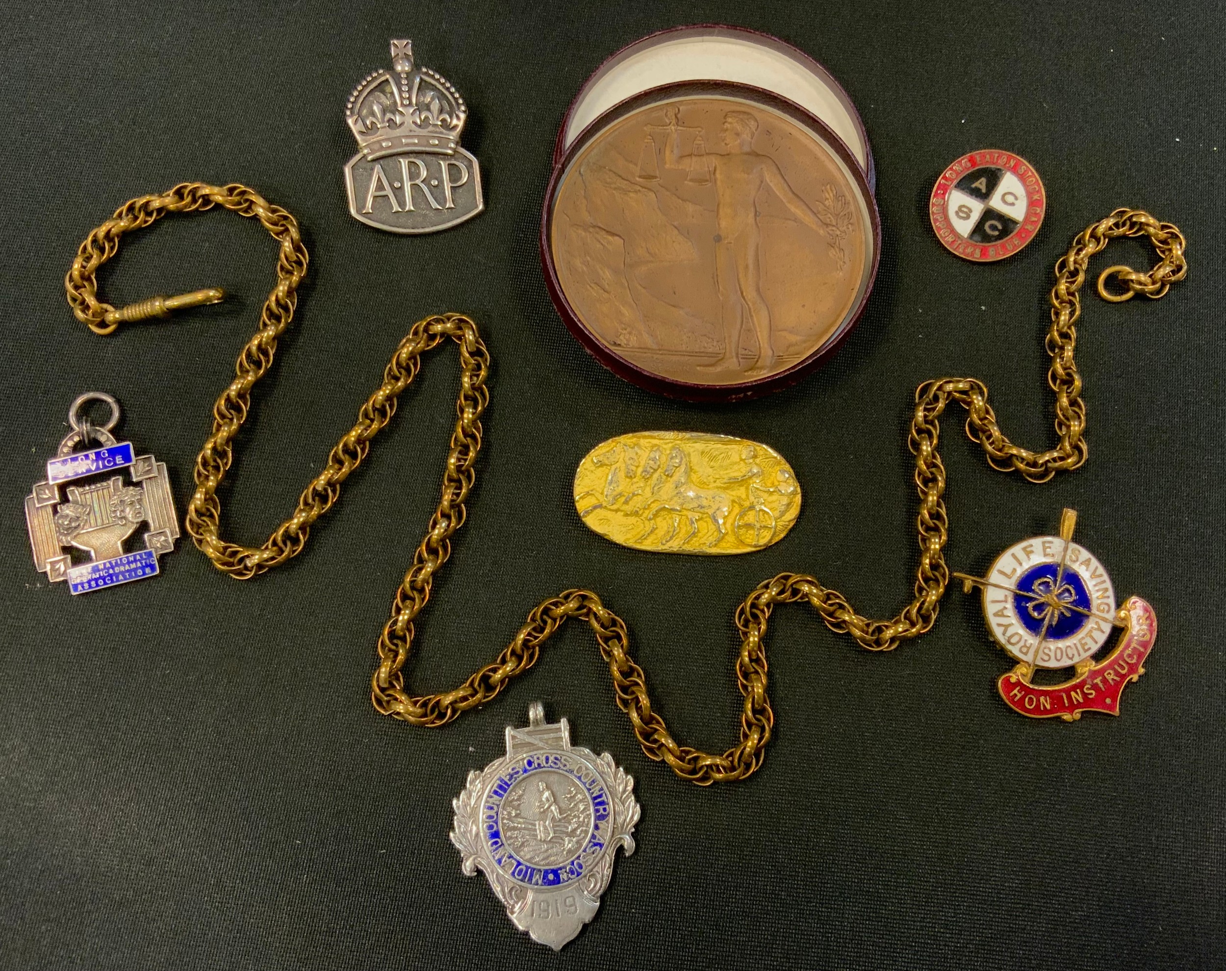 Badges & Medals - a silver ARP badge, London 1936; Midland Counties silver cross country medal,