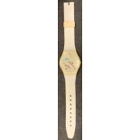 A Swatch Watch Adverting Wall Clock, AG 1987, white strap, 31cm diameter.