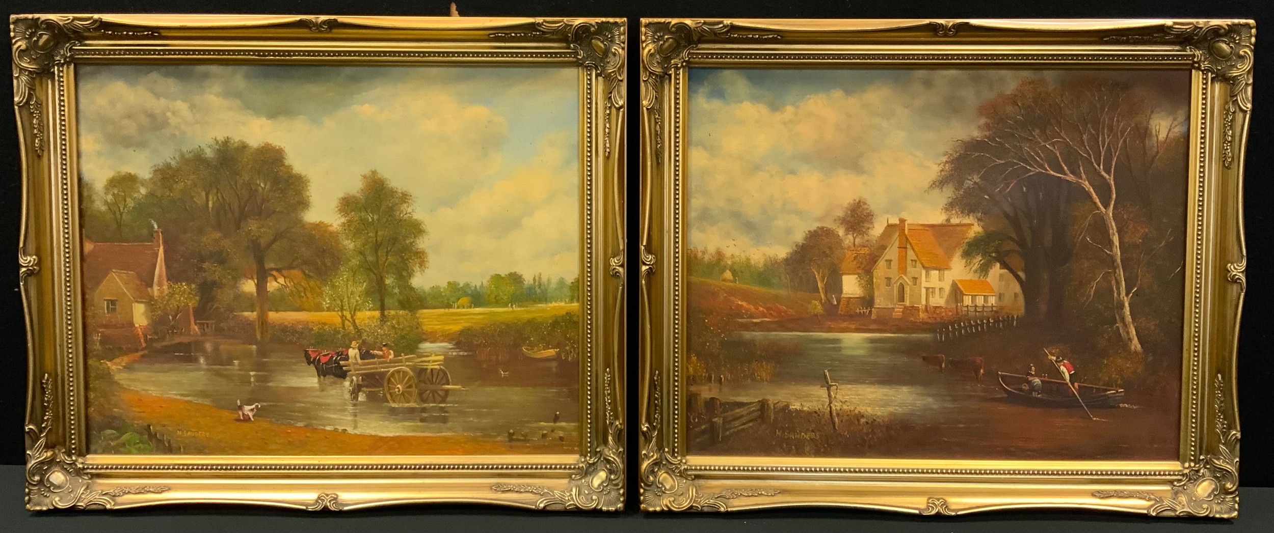 H Sanders, a pair, On The River & Crossing The Forde, signed oils on canvas, 40cm x 50cm, swept gilt