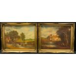 H Sanders, a pair, On The River & Crossing The Forde, signed oils on canvas, 40cm x 50cm, swept gilt