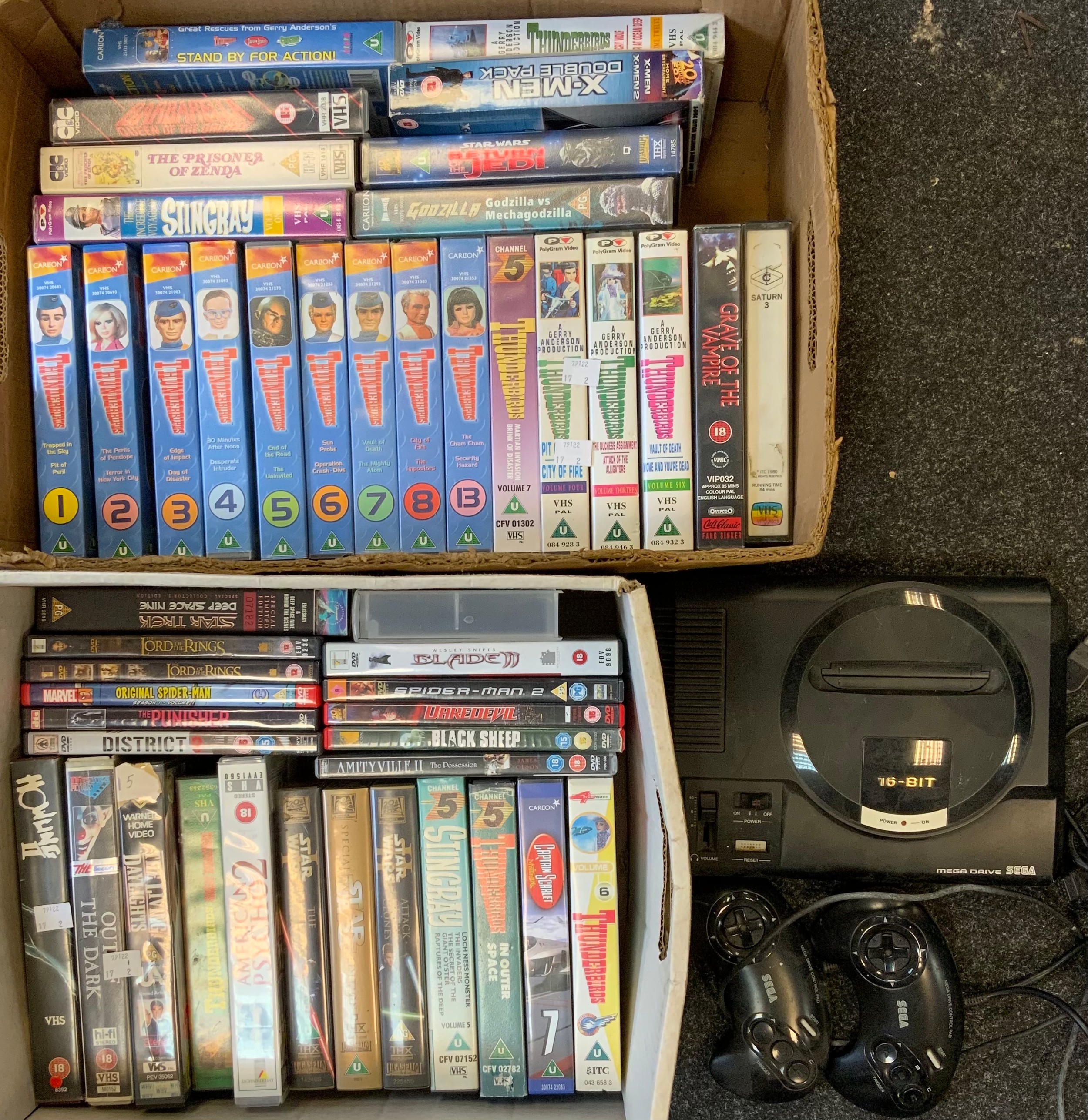 Sega Megadrive 1 MK1 Console with controllers; Thunderbird VHS videos; Star Wars VHS; DVD - Lord