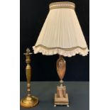 A large brown onyx and gilt metal table lamp, 94cm high overall; another brass (2)