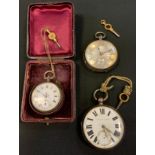 A Victorian silver open face pocket watch, silver and gilt ornate dial, raised Roman numerals,