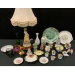 Royal Albert Old Country Roses trinket dish; flower posies; coloured glass vases; figural table