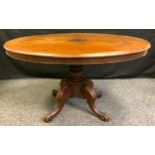 A Victorian mahogany Loo table, oval tilting top, pedestal base, carved legs, scroll feet, c.1880.