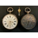 A Victorian silver open face pocket watch, silvered dial, Chester 1889; another marked Roper & Co,