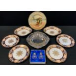 A 19th century Aynsley part dessert set, pair of lozenge bowls and four side plates; silver plated