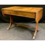 A Regency style mid 20th century reproduction burr Yew wood and mahogany sofa table, pair of drawers