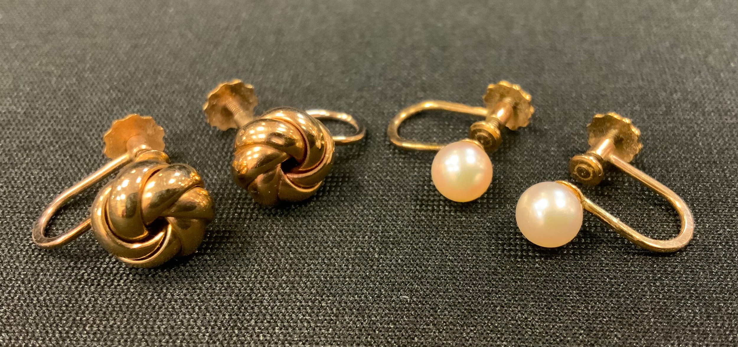 A pair of 9ct gold earrings, another pair cultured pearl tipped, both marked 9ct/375, 3.4g gross