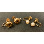 A pair of 9ct gold earrings, another pair cultured pearl tipped, both marked 9ct/375, 3.4g gross