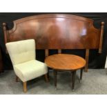 A modern mahogany double bed headboard, 210cm wide; a 1940 bedroom chair, cream upholstery, (this