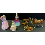 A Royal Doulton figure Miss Demure; Paragon Paisley Shawl; Beswick Horse Leg up, brown gloss; others