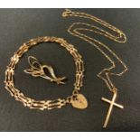 A 9ct gold gate bracelet, pad lock clasp; 9ct gold cross pendant necklace; 9ct gold brooch, 7g gross